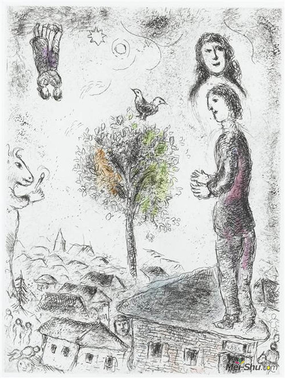 马克·夏加尔(Marc Chagall)高清作品《Illustration for Louis Aragon's work "One w》