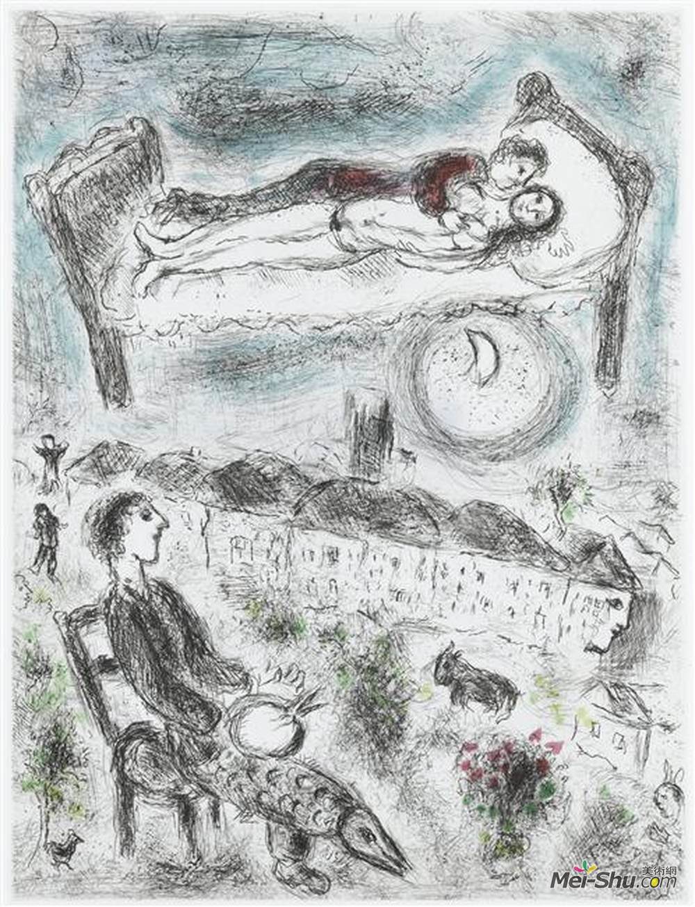 马克·夏加尔(Marc Chagall)高清作品《Illustration for Louis Aragon's work "One w》