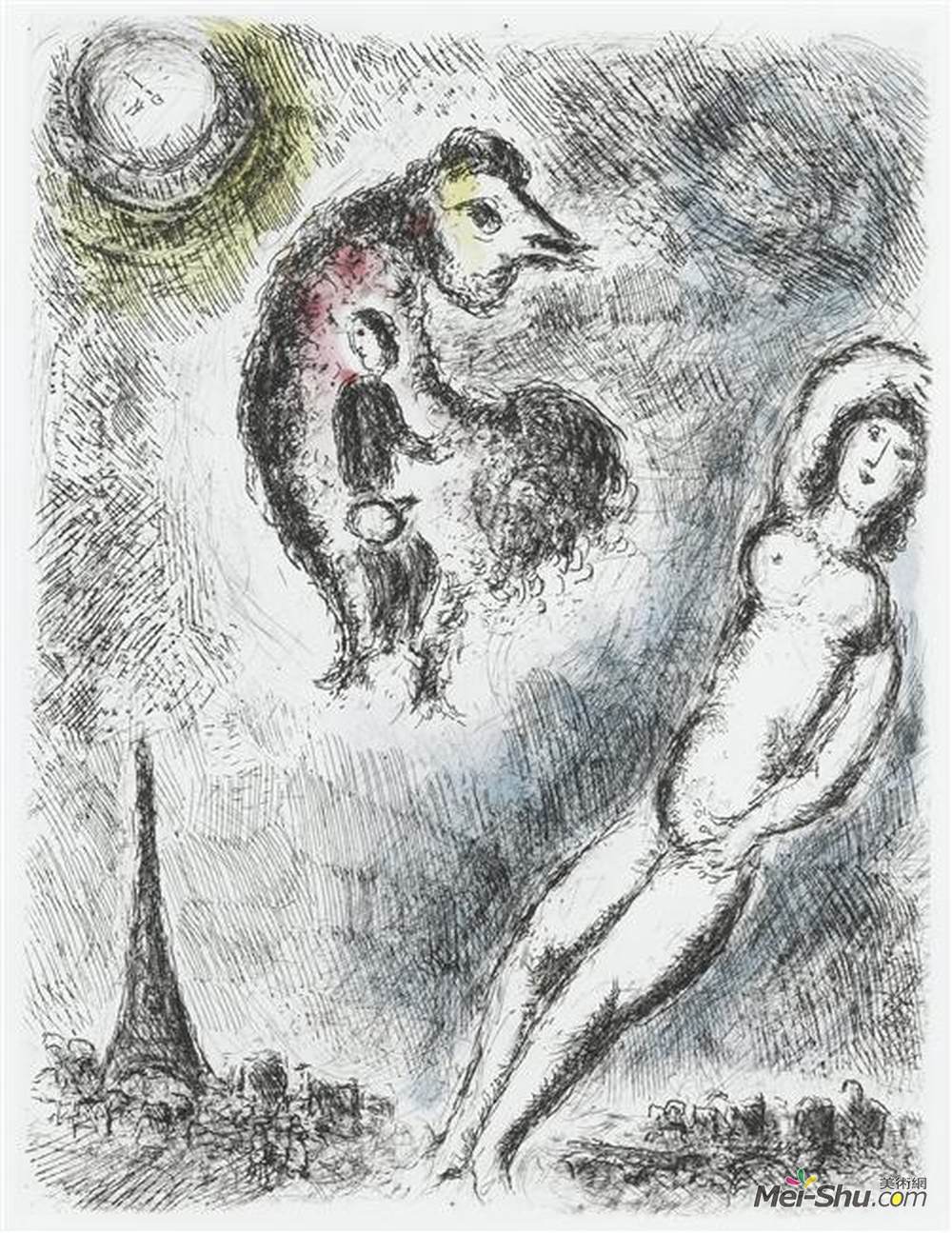 马克·夏加尔(Marc Chagall)高清作品《Illustration for Louis Aragon's work "One w》