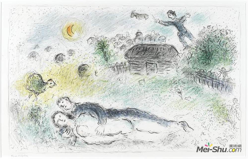 马克·夏加尔(Marc Chagall)高清作品《Lovers near isba》