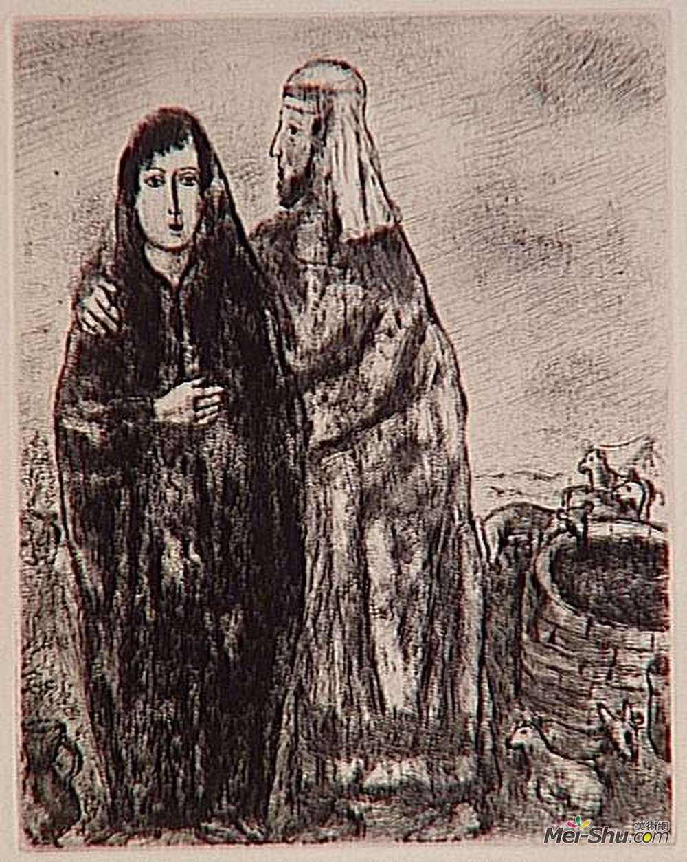 马克·夏加尔(Marc Chagall)高清作品《Meeting of Jacob and Rachel at the well (Genesis XXIX, 7, 10》