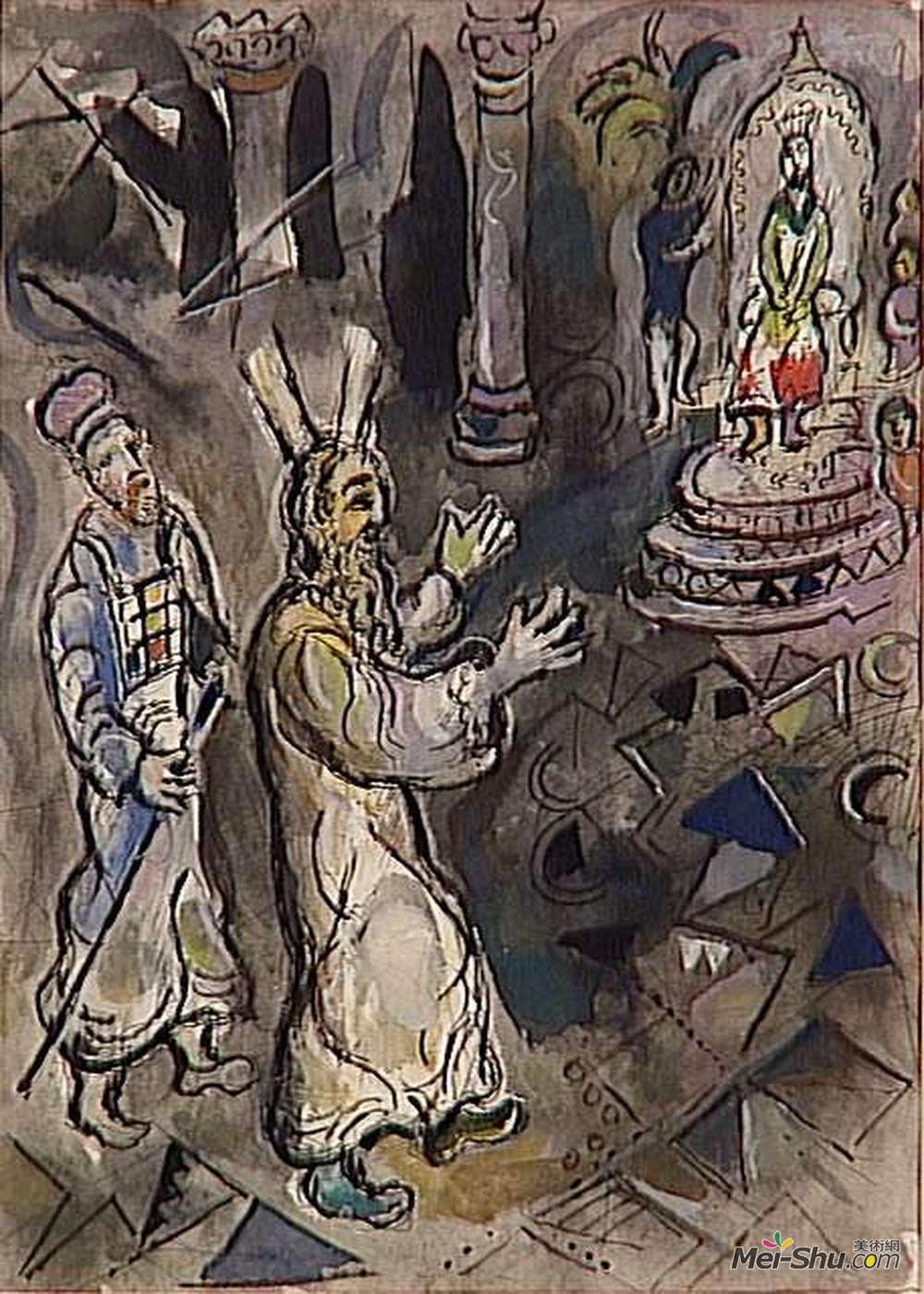 马克·夏加尔(Marc Chagall)高清作品《摩西与法老亚伦》