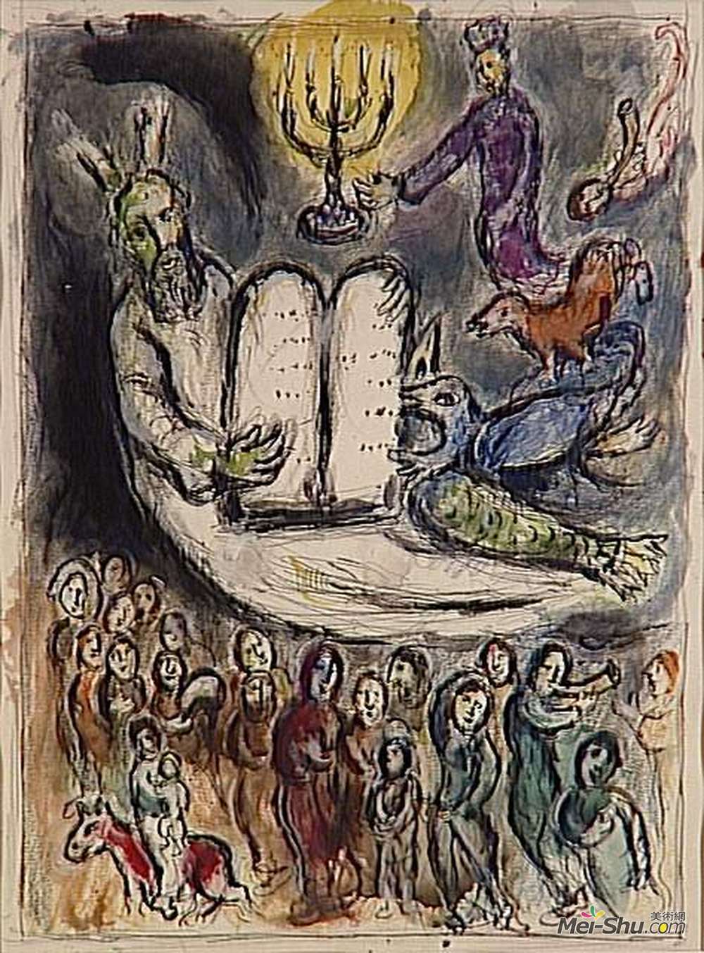 马克·夏加尔(Marc Chagall)高清作品《摩西给长老们打电话，展示法律的药片。》