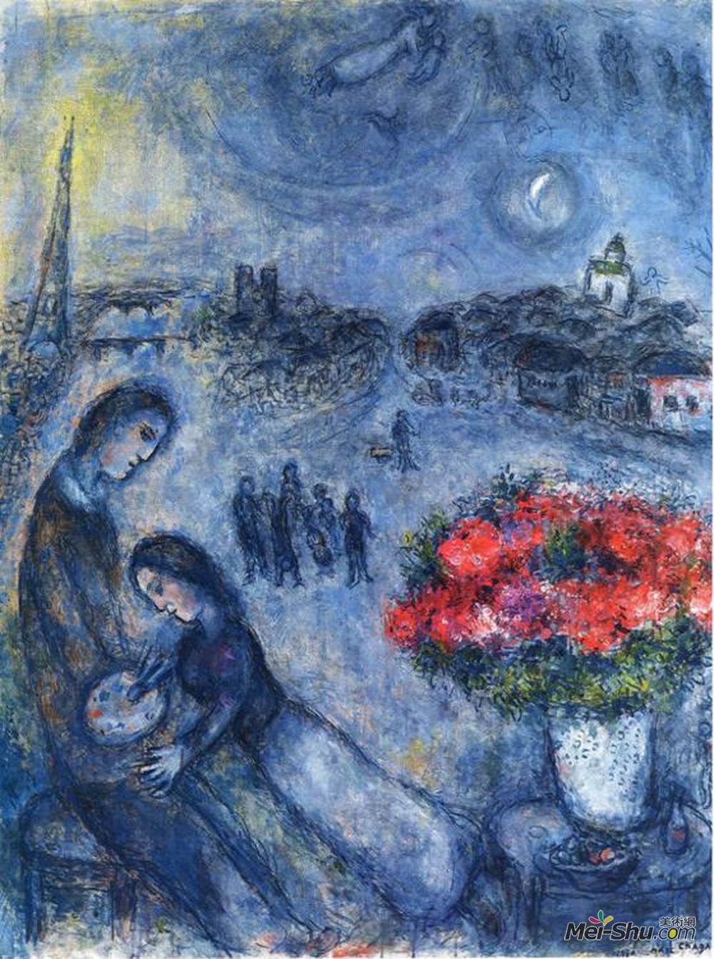 马克·夏加尔(Marc Chagall)高清作品《背景下的巴黎新婚夫妇》