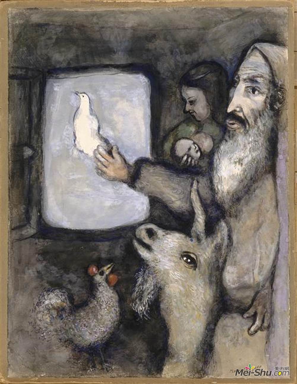 马克·夏加尔(Marc Chagall)高清作品《诺亚让鸽子穿过方舟的窗户（创世纪）》
