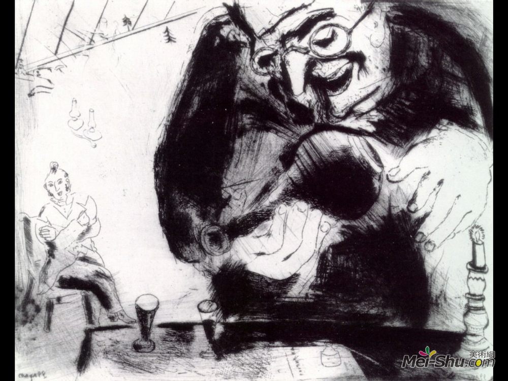 马克·夏加尔(Marc Chagall)高清作品《Pliushkin treats Tchtchikov》