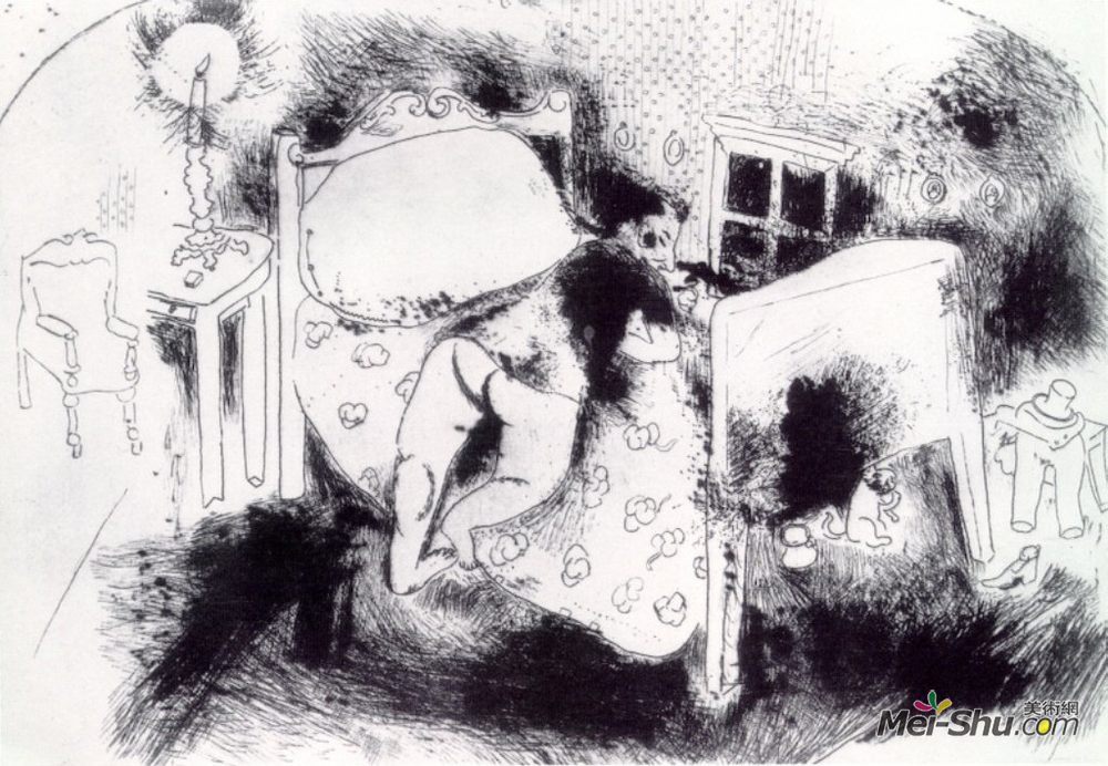 马克·夏加尔(Marc Chagall)高清作品《Tchitchikov on his bed》