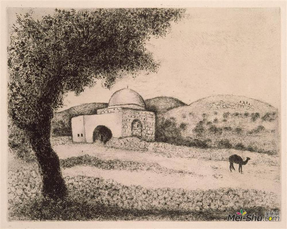 马克·夏加尔(Marc Chagall)高清作品《在瑞秋墓上的纪念碑，在路径以弗拉（基因》