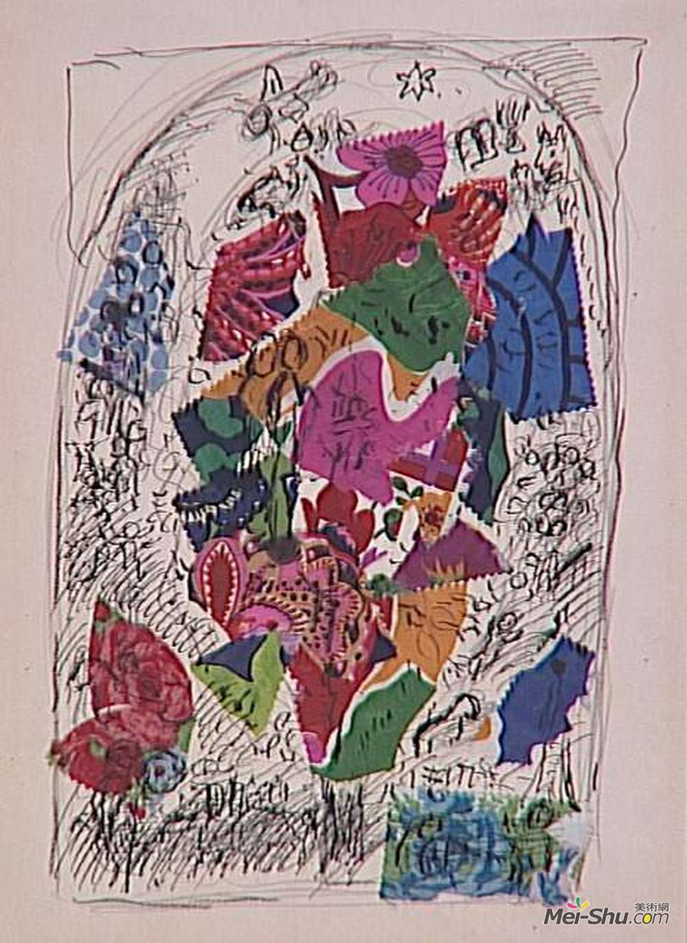 马克·夏加尔(Marc Chagall)高清作品《Tree of life (sketch to vitrage in Chapelle des Cordeliers i》