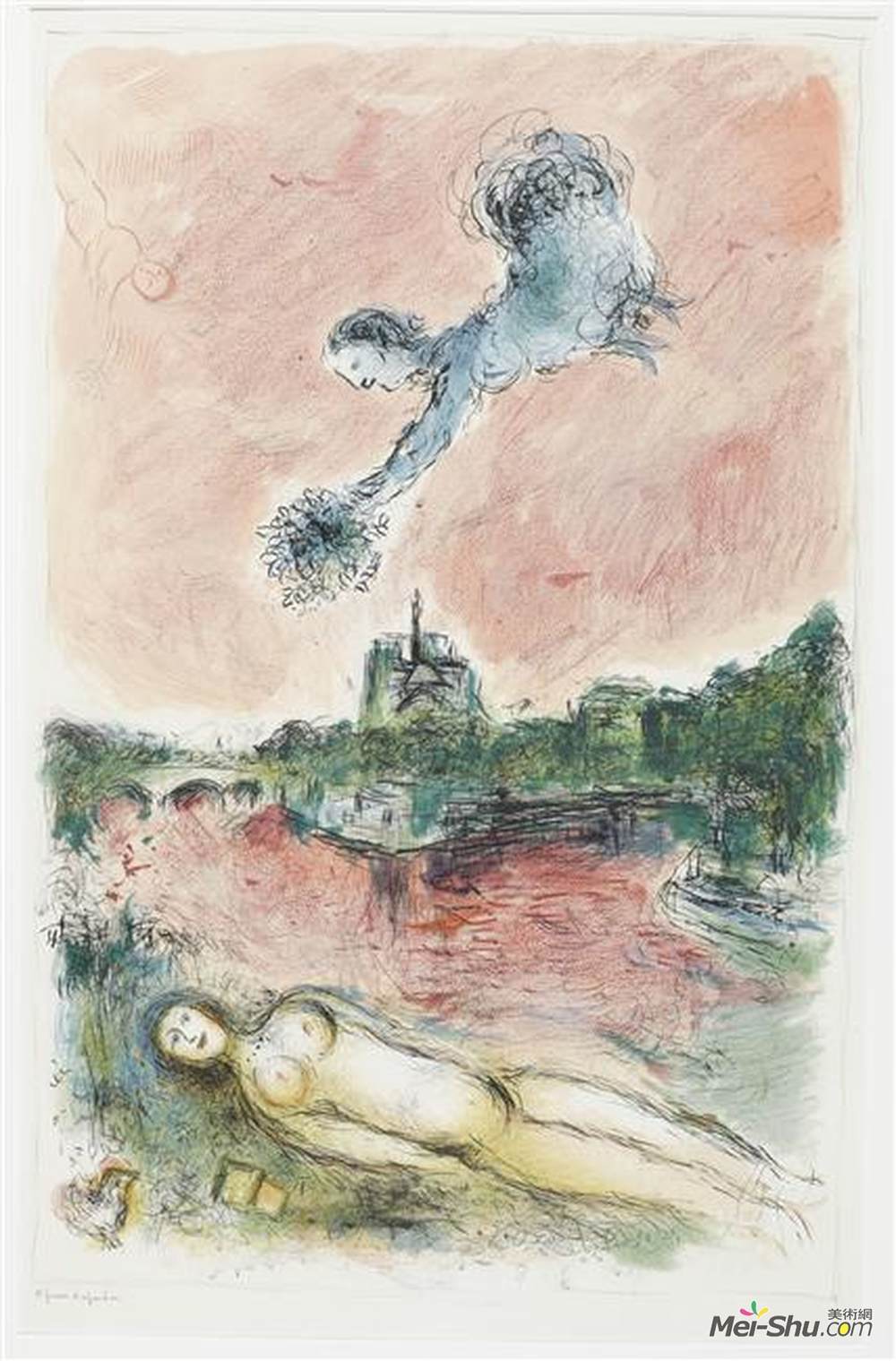 马克·夏加尔(Marc Chagall)高清作品《查看巴黎圣母院》