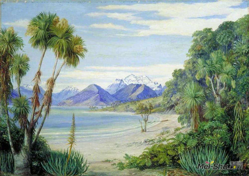 玛丽安娜·诺斯(Marianne North)高清作品《View of Mount Earnshaw from the Island in Lake Wakatipe, New》
