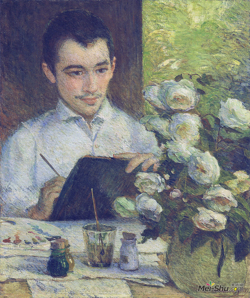 玛丽·布哈可蒙(Marie Bracquemond)高清作品《Pierre Bracquemond painting a bouquet of flowers》