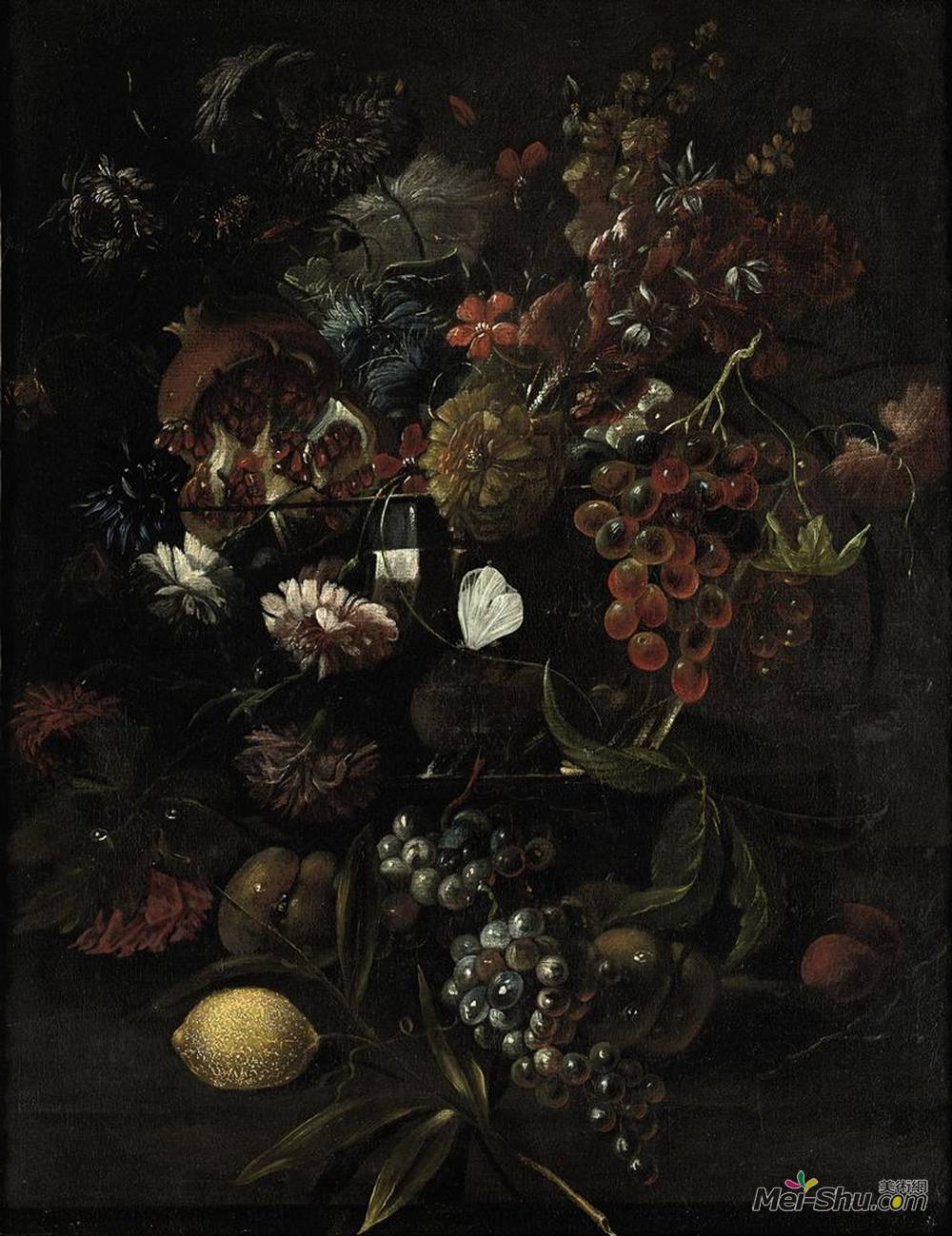 马里奥努齐(Mario Nuzzi)高清作品《花瓶里有各种各样的花瓶，有蓝色的葡萄，桃子》