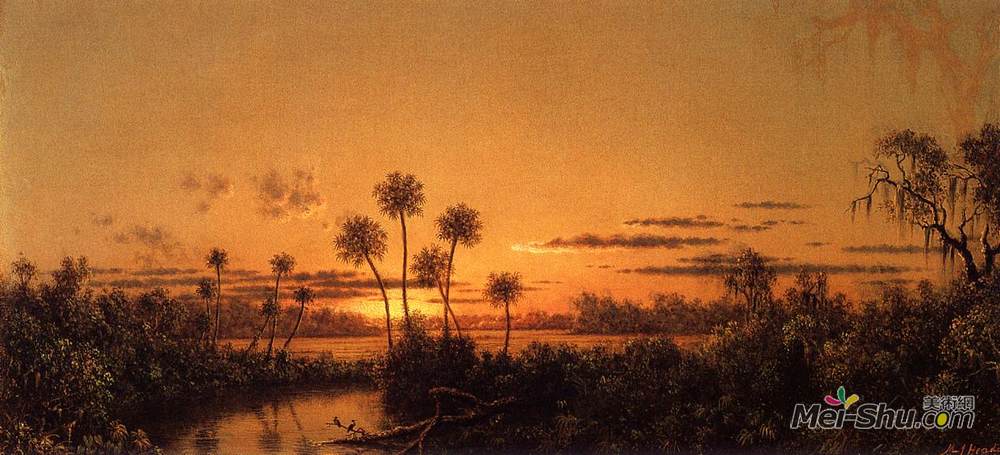 马丁·约翰逊·赫德(Martin Johnson Heade)高清作品《佛罗里达河场景：傍晚，日落后》