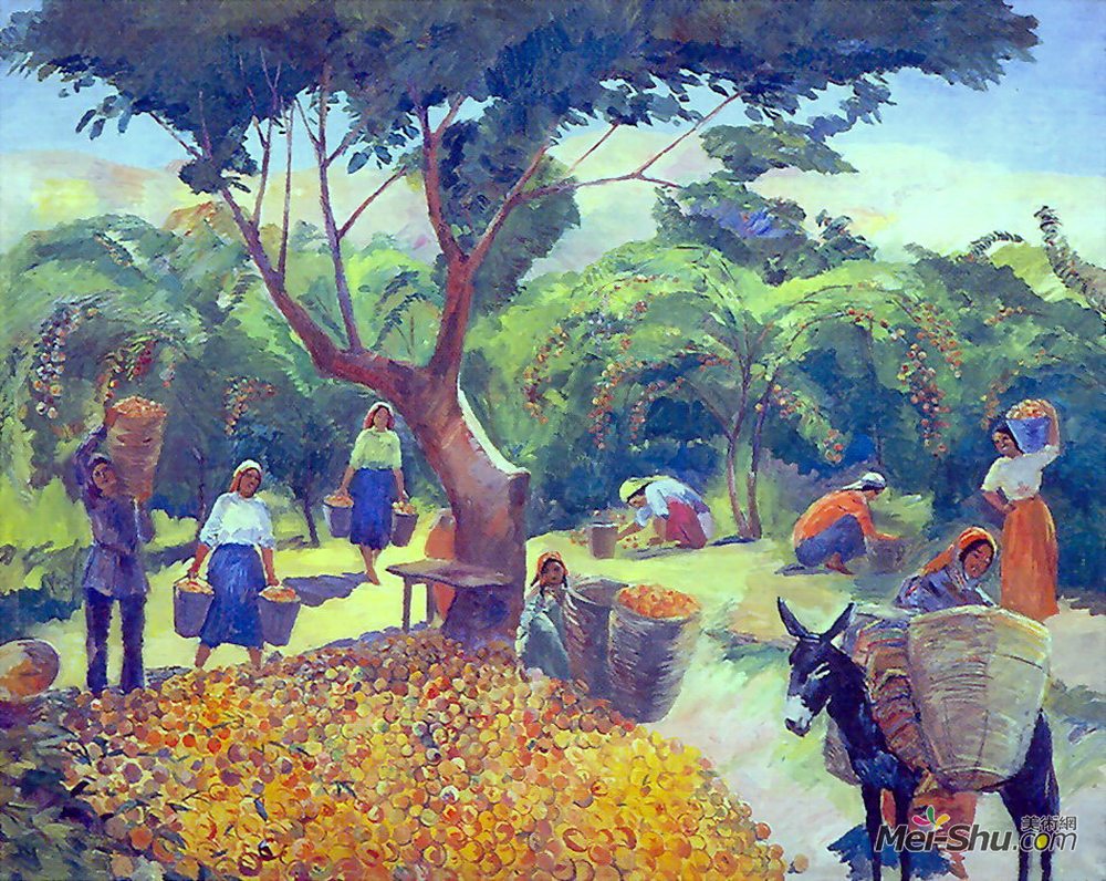 马蒂罗斯(Martiros Sarian)高清作品《在亚美尼亚的集体农场里采集桃子》
