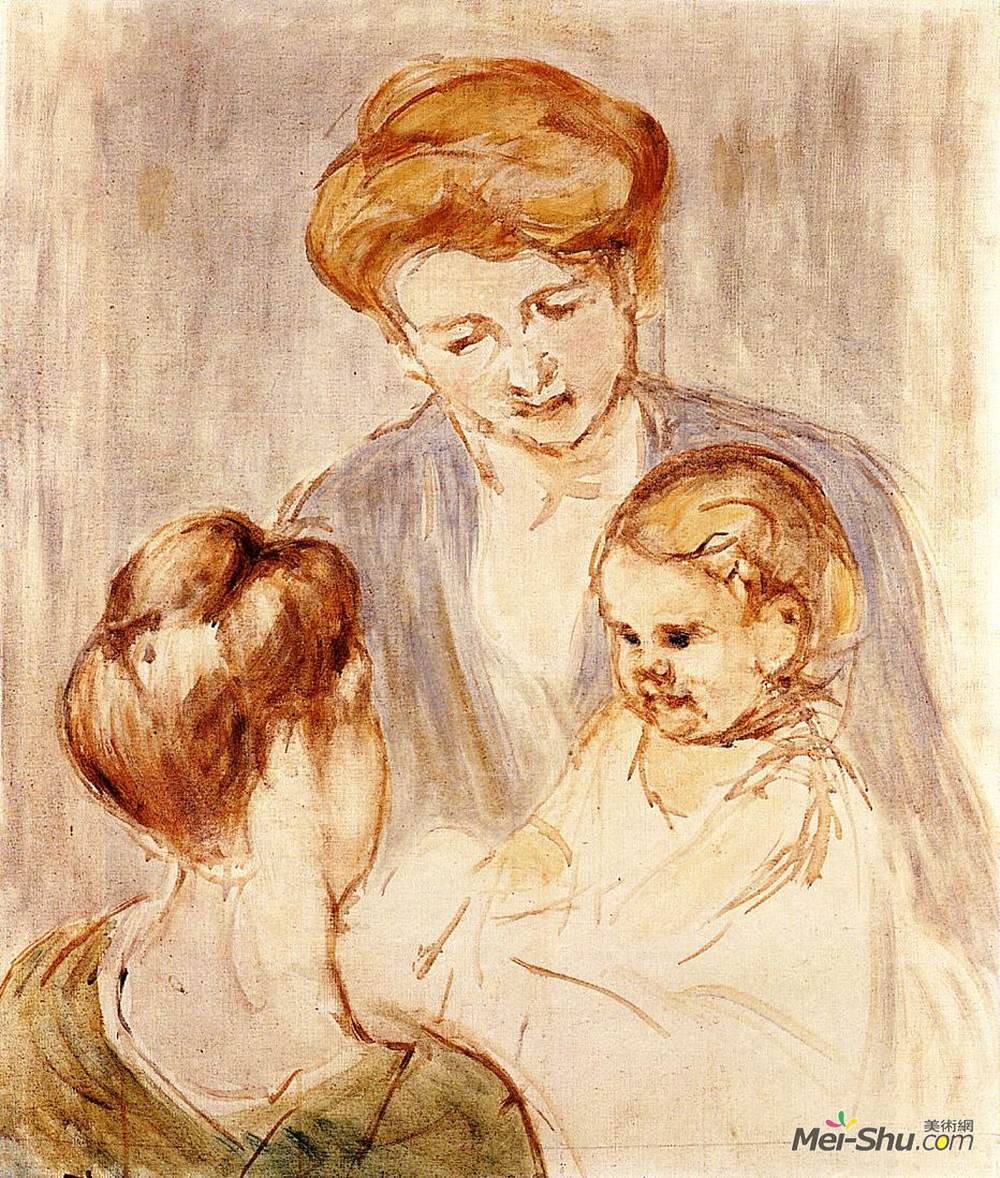 玛丽·卡萨特(Mary Cassatt)高清作品《对两个年轻女子微笑的婴儿》