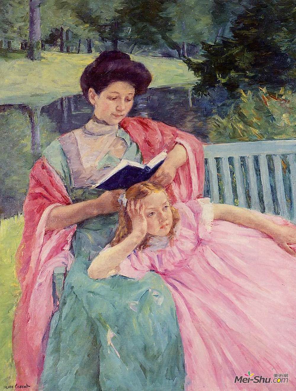 玛丽·卡萨特(Mary Cassatt)高清作品《奥古斯特读给她的女儿》