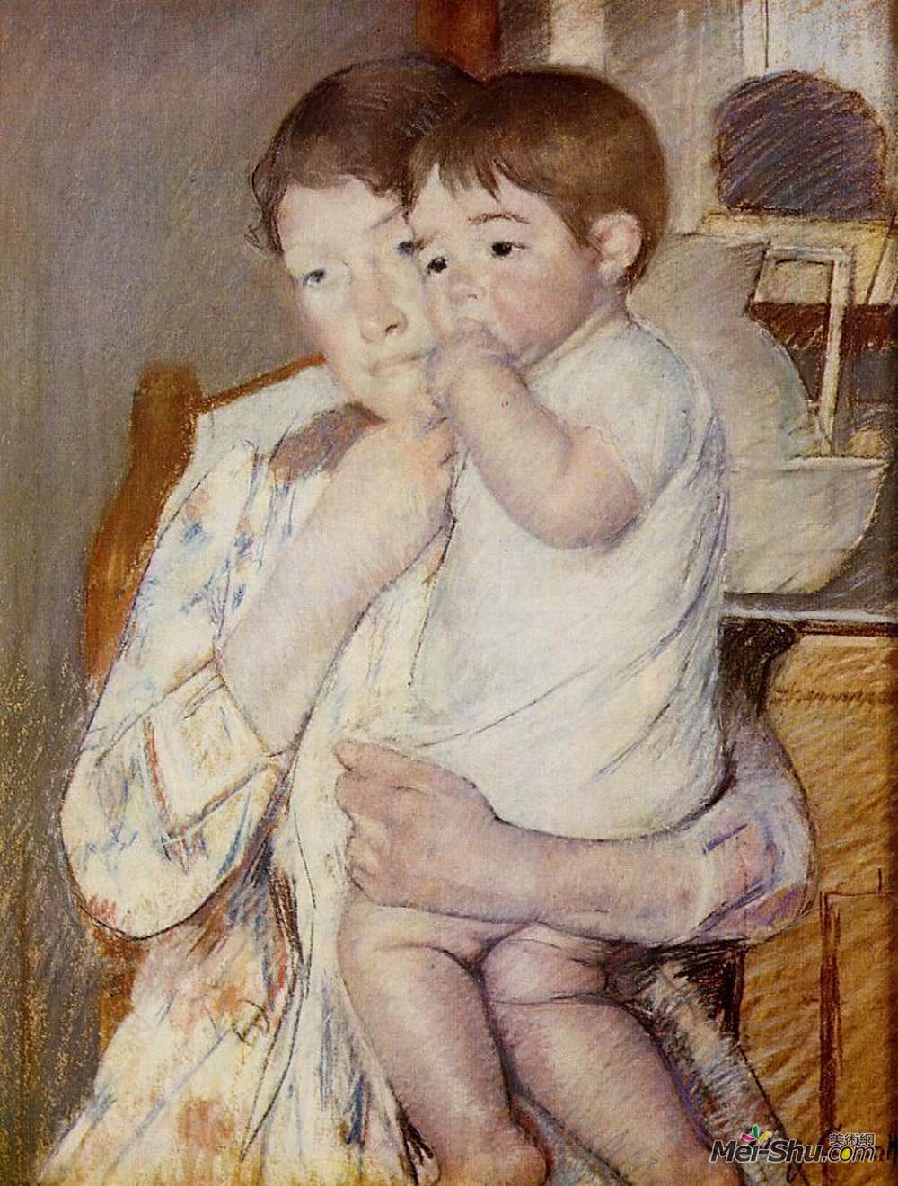 玛丽·卡萨特(Mary Cassatt)高清作品《婴儿在他母亲的怀里吮吸他的手指》