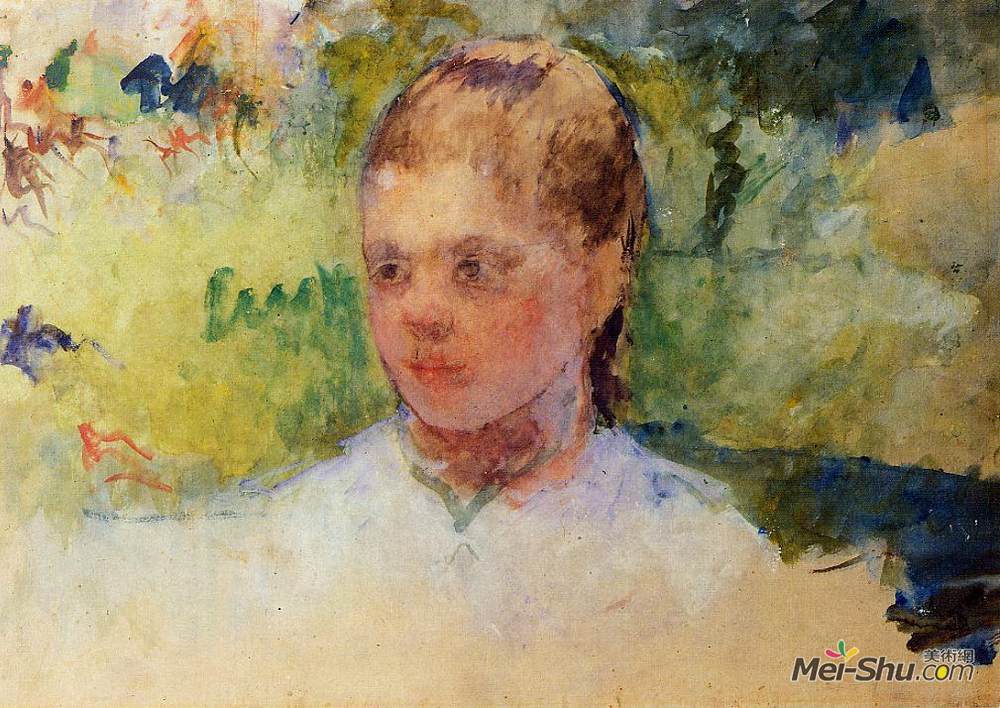 玛丽·卡萨特(Mary Cassatt)高清作品《Girl`s Head Green Background》