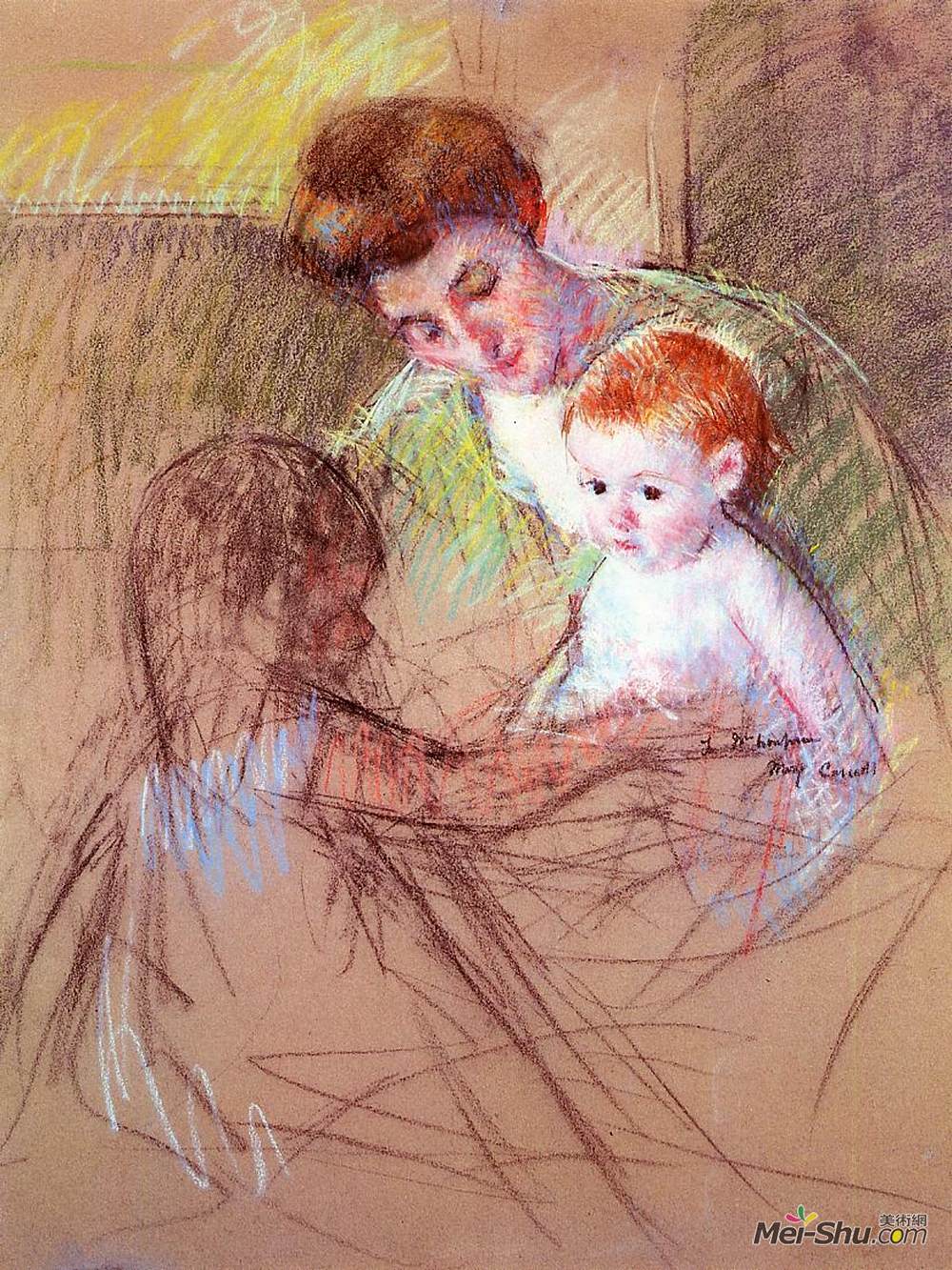 玛丽·卡萨特(Mary Cassatt)高清作品《母亲和女儿看着婴儿》