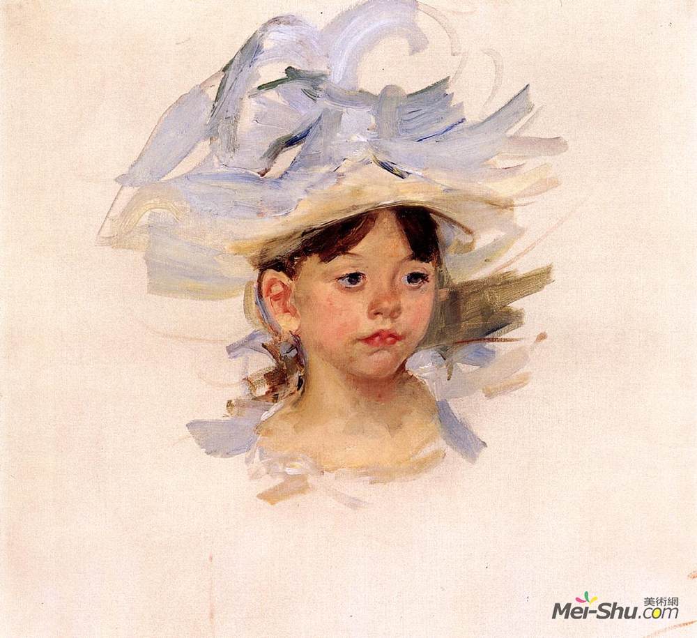 玛丽·卡萨特(Mary Cassatt)高清作品《艾伦我的卡萨特在一顶蓝色大帽子上的草图》