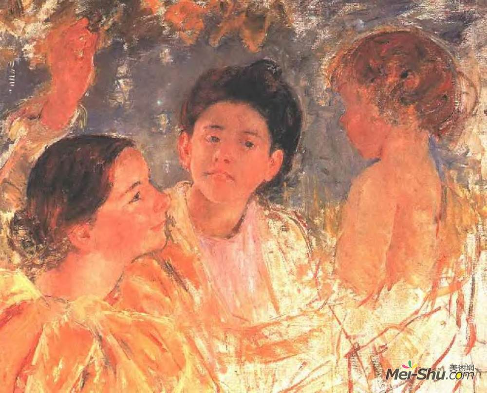 玛丽·卡萨特(Mary Cassatt)高清作品《两个带孩子的年轻女孩》