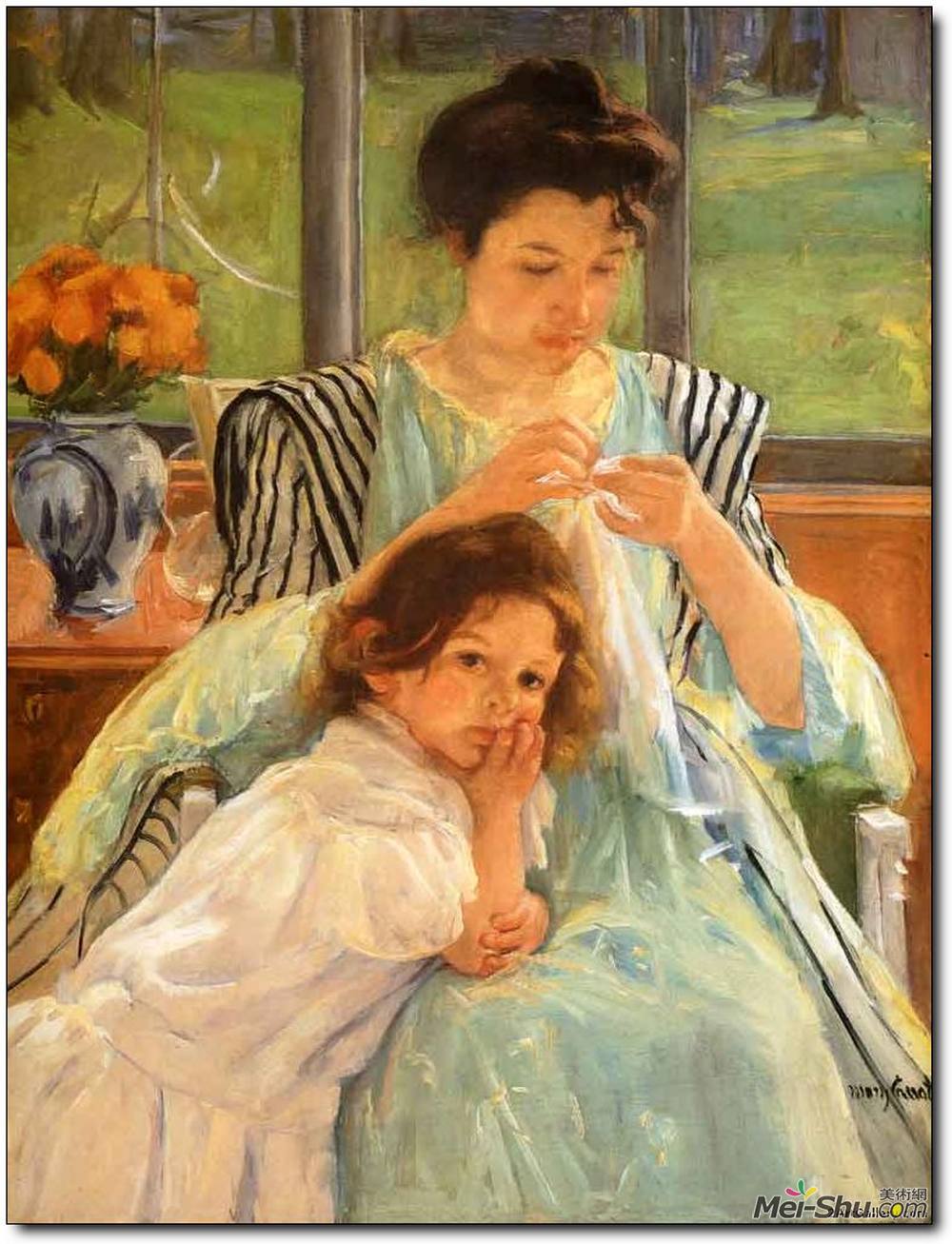 玛丽·卡萨特(Mary Cassatt)高清作品《年轻母亲缝纫》