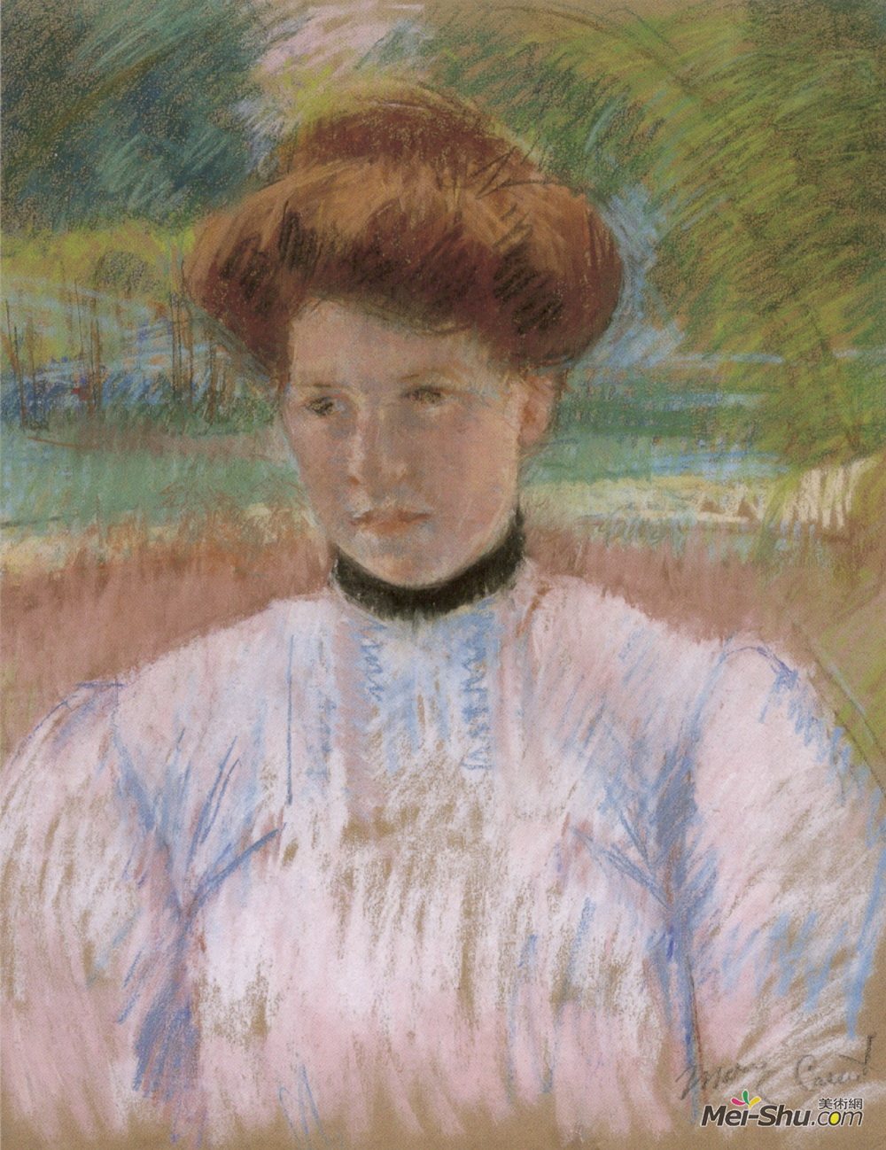 玛丽·卡萨特(Mary Cassatt)高清作品《穿着粉红色衬衫的棕色头发的年轻女子》