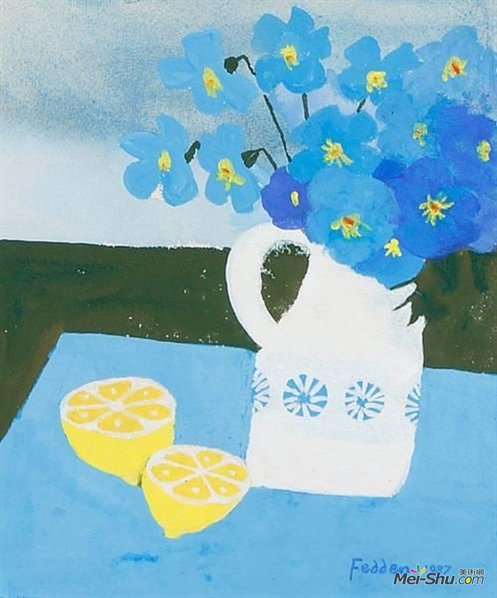 玛丽·费登(Mary Fedden)高清作品《在一个花瓶的花用柠檬》
