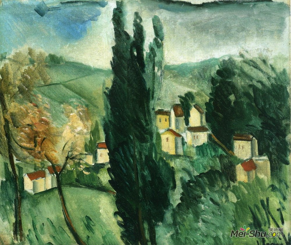 莫里斯·德·乌拉曼克(Maurice de Vlaminck)高清作品《景观与三个柏树》