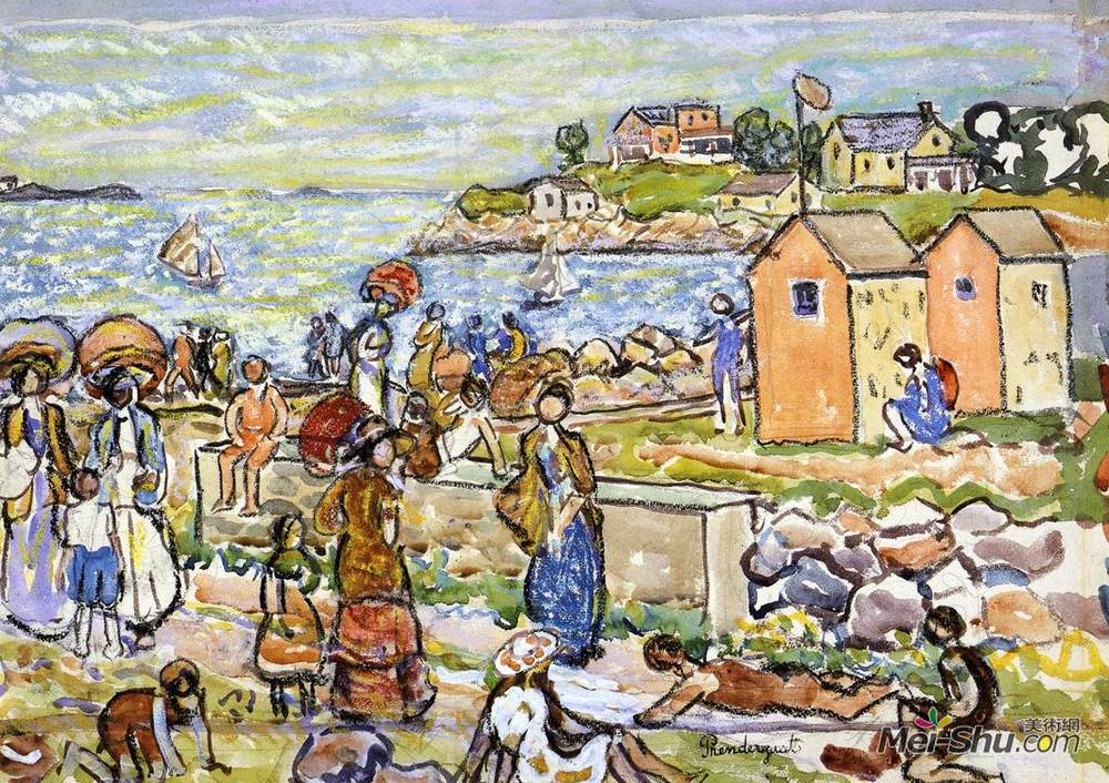 莫里斯·普雷德加斯特(Maurice Prendergast)高清作品《游泳者和婴儿车》