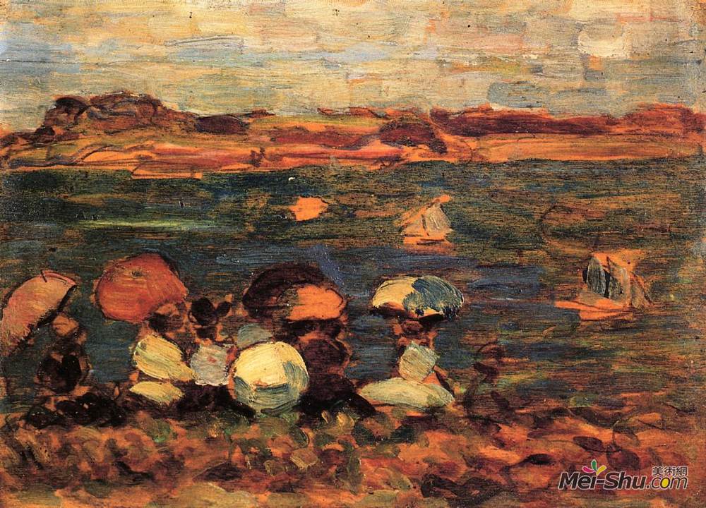 莫里斯·普雷德加斯特(Maurice Prendergast)高清作品《圣马洛海滩场景，。。。。。。。》