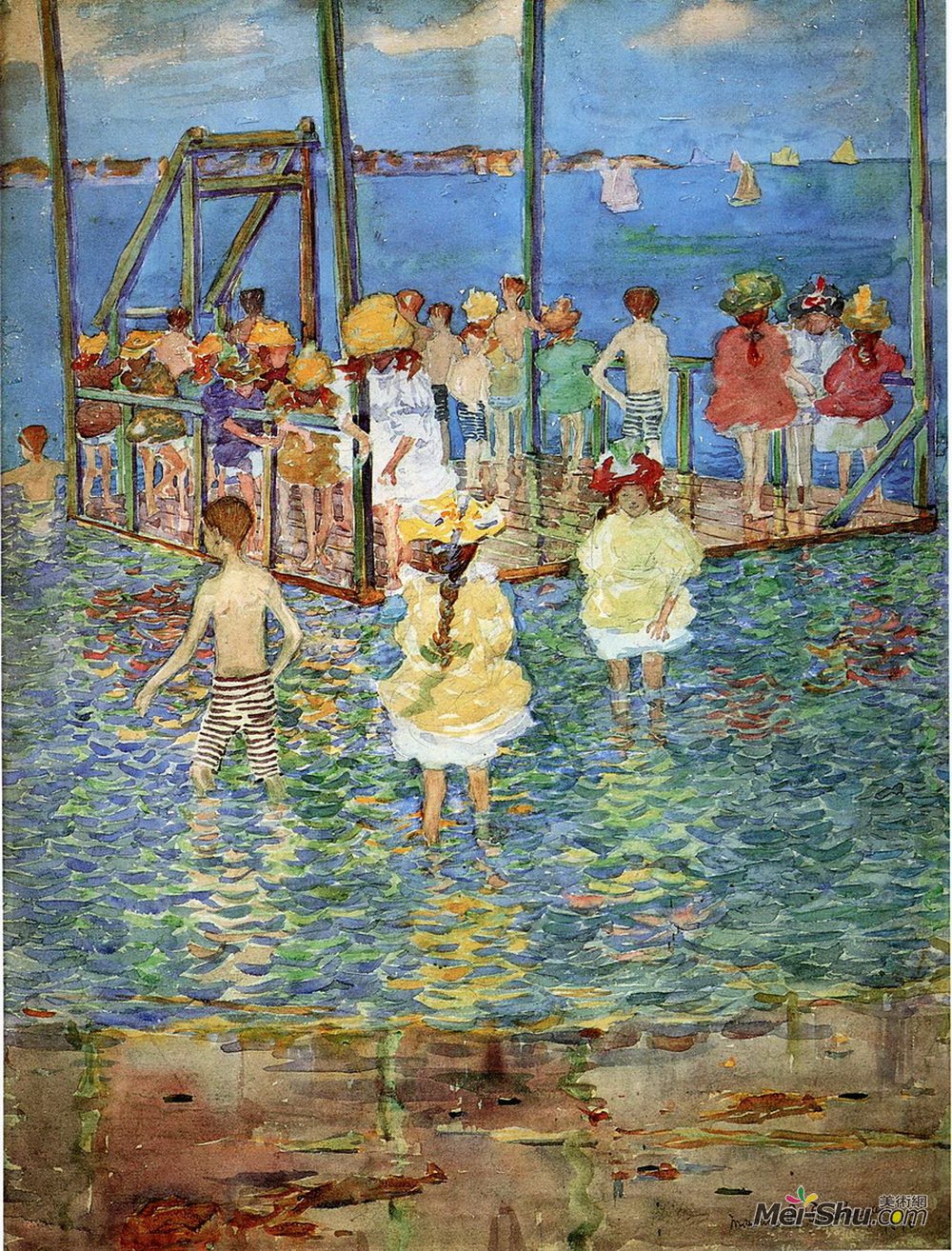 莫里斯·普雷德加斯特(Maurice Prendergast)高清作品《木筏上的孩子》