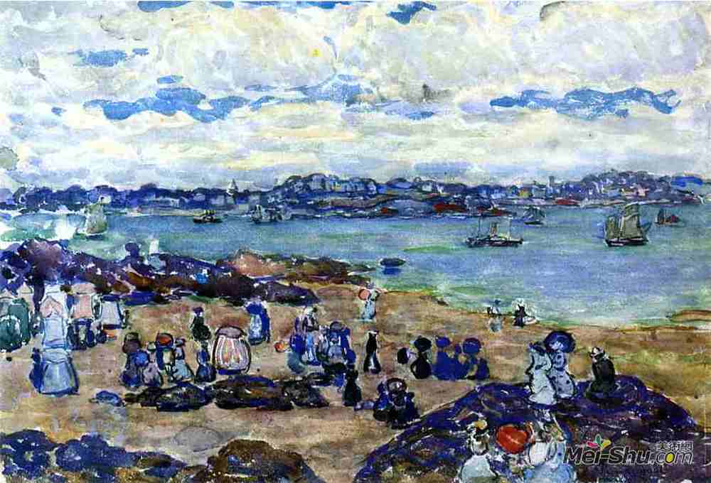 莫里斯·普雷德加斯特(Maurice Prendergast)高清作品《海滩上的人物》