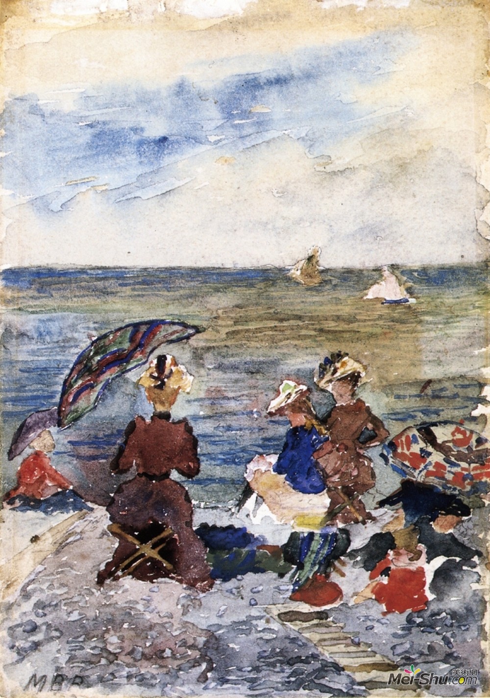 莫里斯·普雷德加斯特(Maurice Prendergast)高清作品《海滩上的人物》