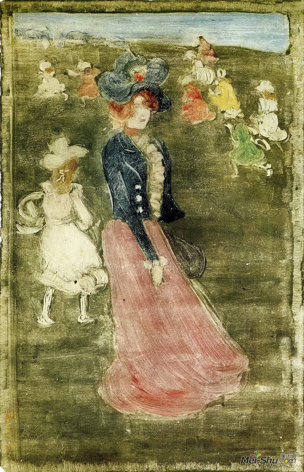 莫里斯·普雷德加斯特(Maurice Prendergast)高清作品《穿着粉红色裙子的女士》