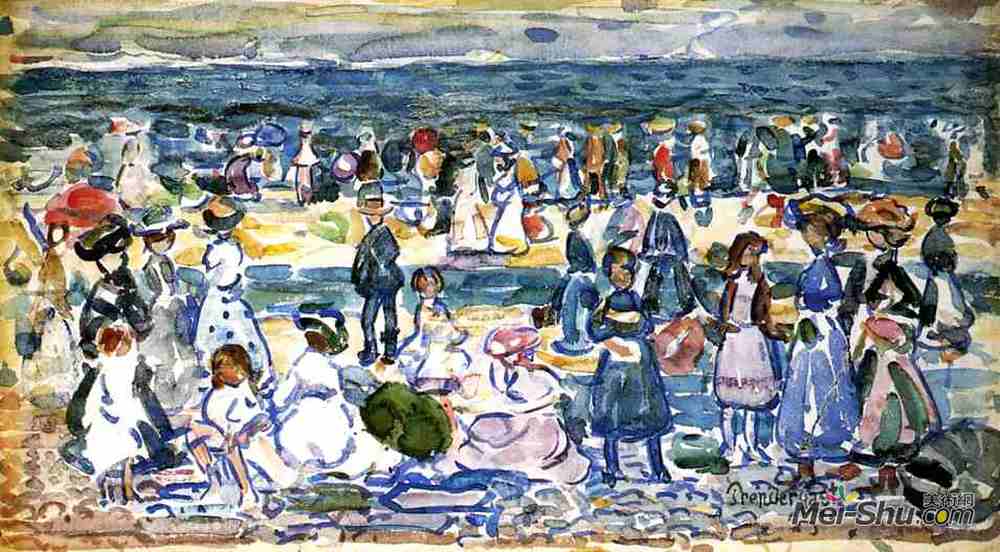 莫里斯·普雷德加斯特(Maurice Prendergast)高清作品《低的时候，里维尔海滩》