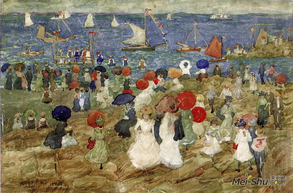 莫里斯·普雷德加斯特(Maurice Prendergast)高清作品《南塔萨克海滩（又称手帕点）》