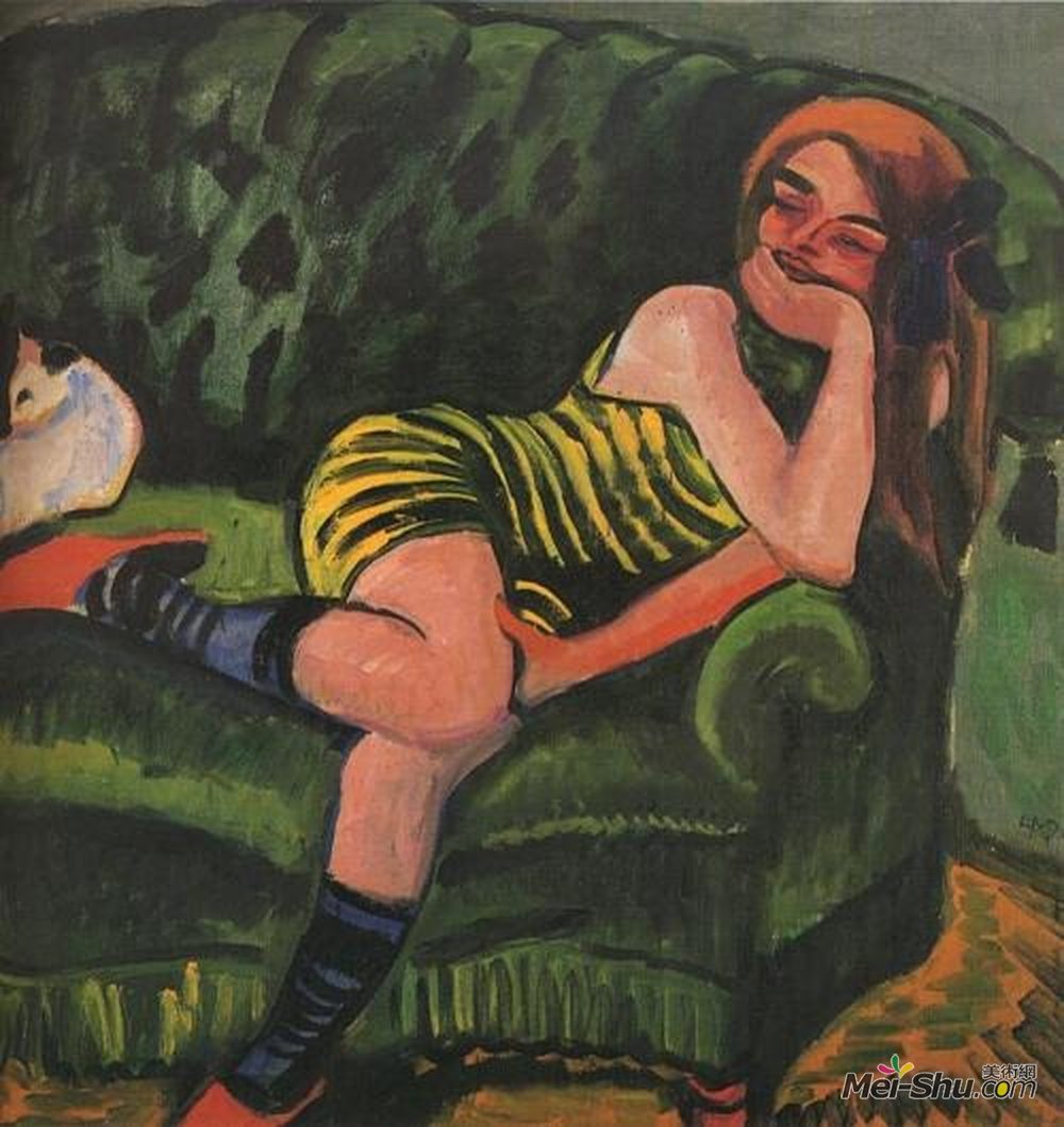 马克斯·佩希斯泰因(Max Pechstein)高清作品《一个带着猫的绿色沙发上的女孩》