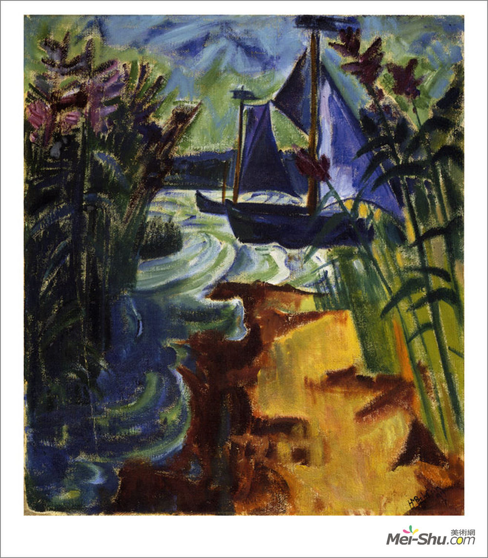马克斯·佩希斯泰因(Max Pechstein)高清作品《在芦苇海滩的风船》