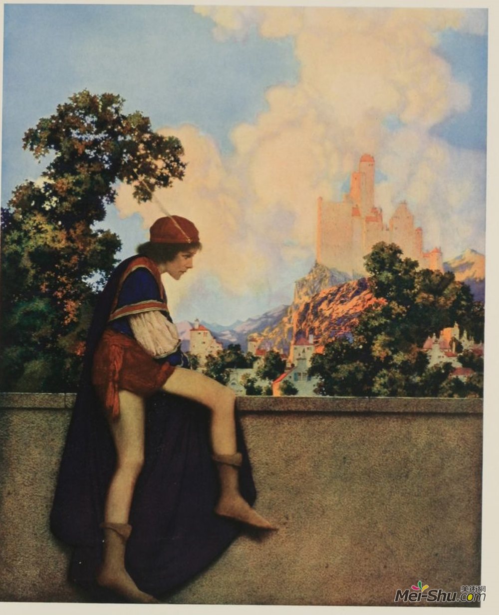 马科斯菲尔德·帕里斯(Maxfield Parrish)高清作品《The Knave of Hearts Watching Lady Violetta Depart》