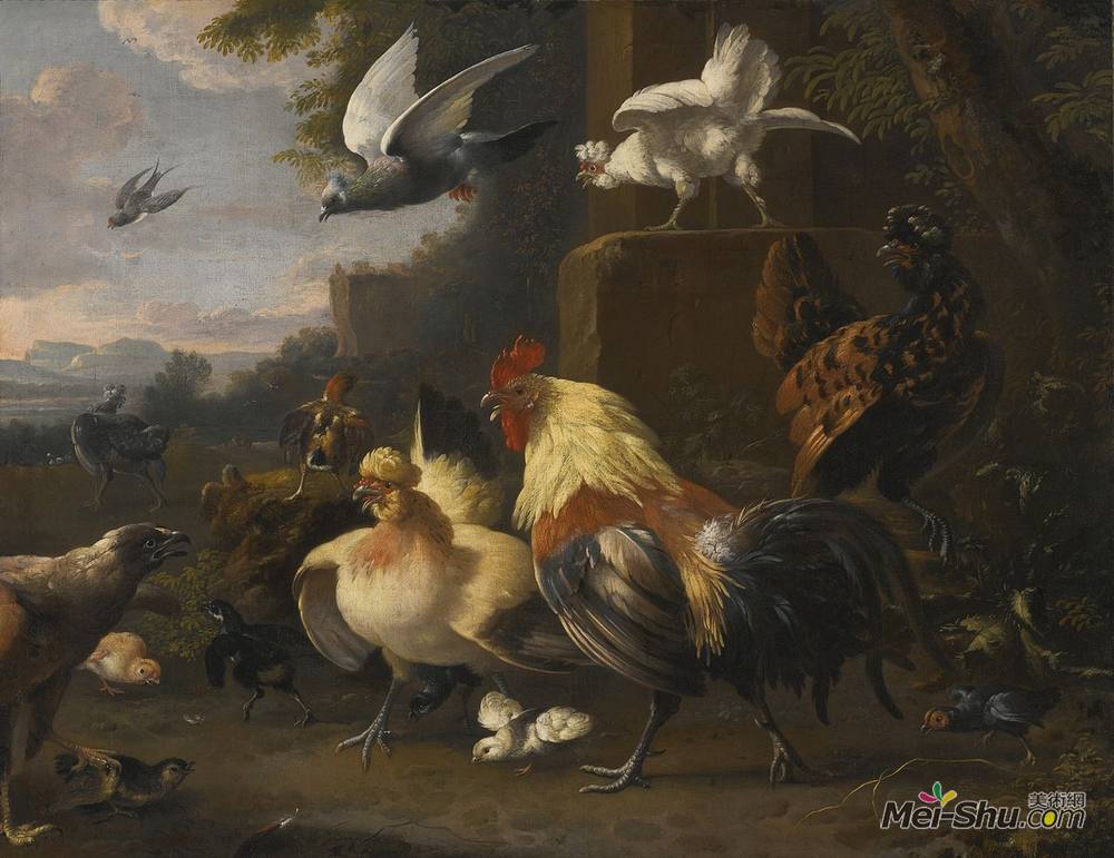 梅尔希奥·洪德库特尔(Melchior d'Hondecoeter)高清作品《一只鹰，一只公鸡，一群母鸡，一只飞翔的鸽子和另一只鸟》