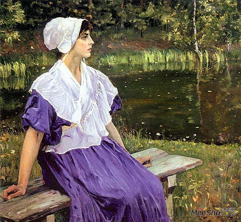 米哈伊尔·涅斯捷罗夫(Mikhail Nesterov)高清作品《Girl by a Pond (Portrait of Natalia Nesterova)》