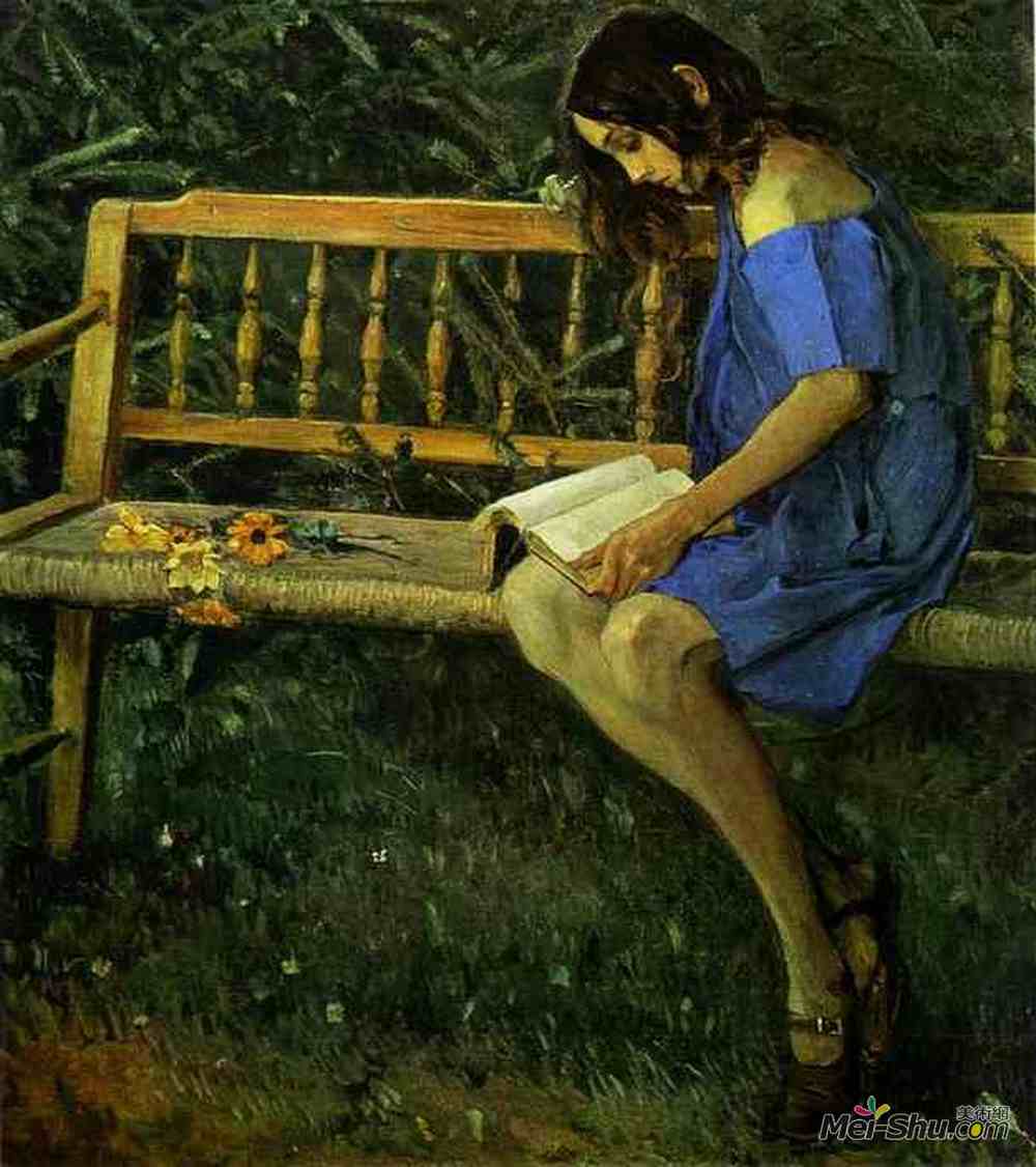 米哈伊尔·涅斯捷罗夫(Mikhail Nesterov)高清作品《Portrait of Natasha Nesterova (On a Garden Bench)》