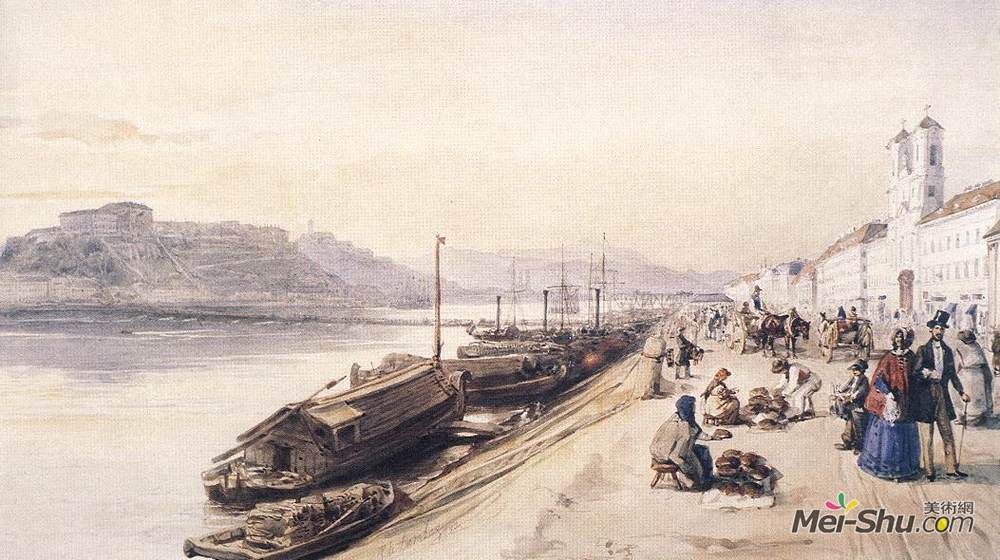 詹姆斯·威尔逊·卡迈克尔(Miklos Barabas)高清作品《1843多瑙河与希腊教堂码头》