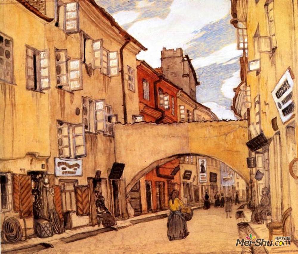 莫斯塔拉夫·多布尔日茨基(Mstislav Dobuzhinsky)高清作品《Arch on the street Yatkovaya》
