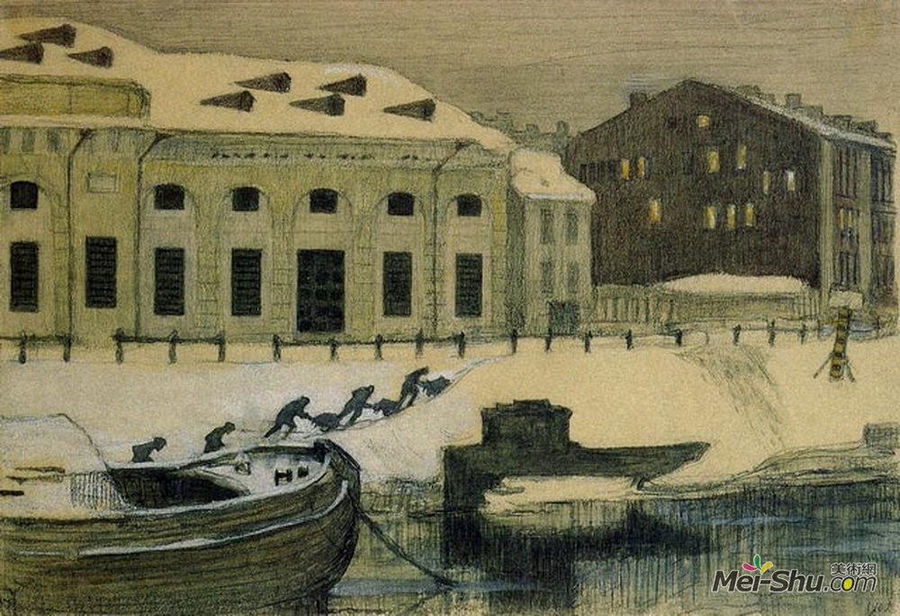 莫斯塔拉夫·多布尔日茨基(Mstislav Dobuzhinsky)高清作品《Petersburg. The Obvodny Canal.》