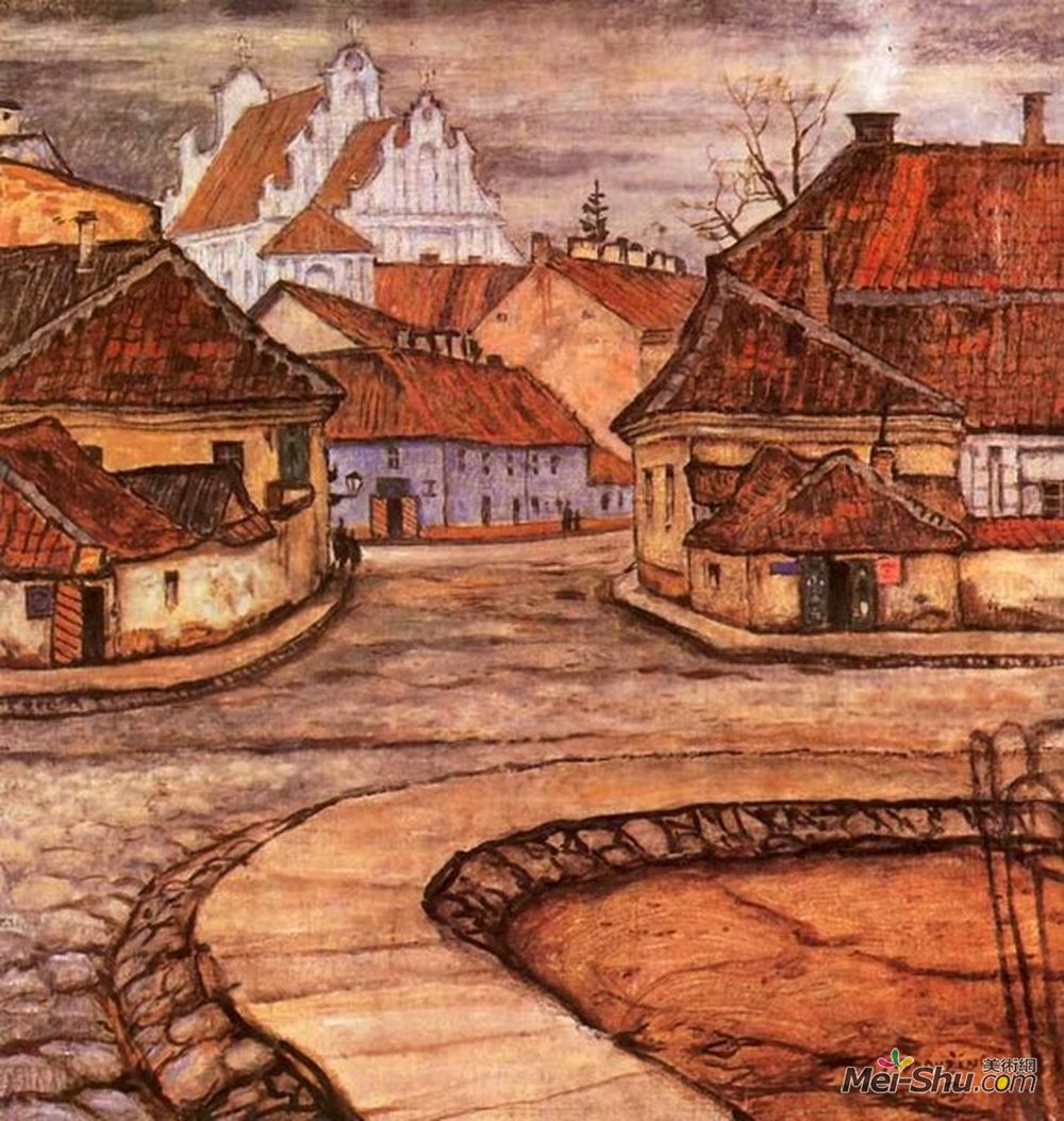 莫斯塔拉夫·多布尔日茨基(Mstislav Dobuzhinsky)高清作品《旧维尔诺的蒂托街》