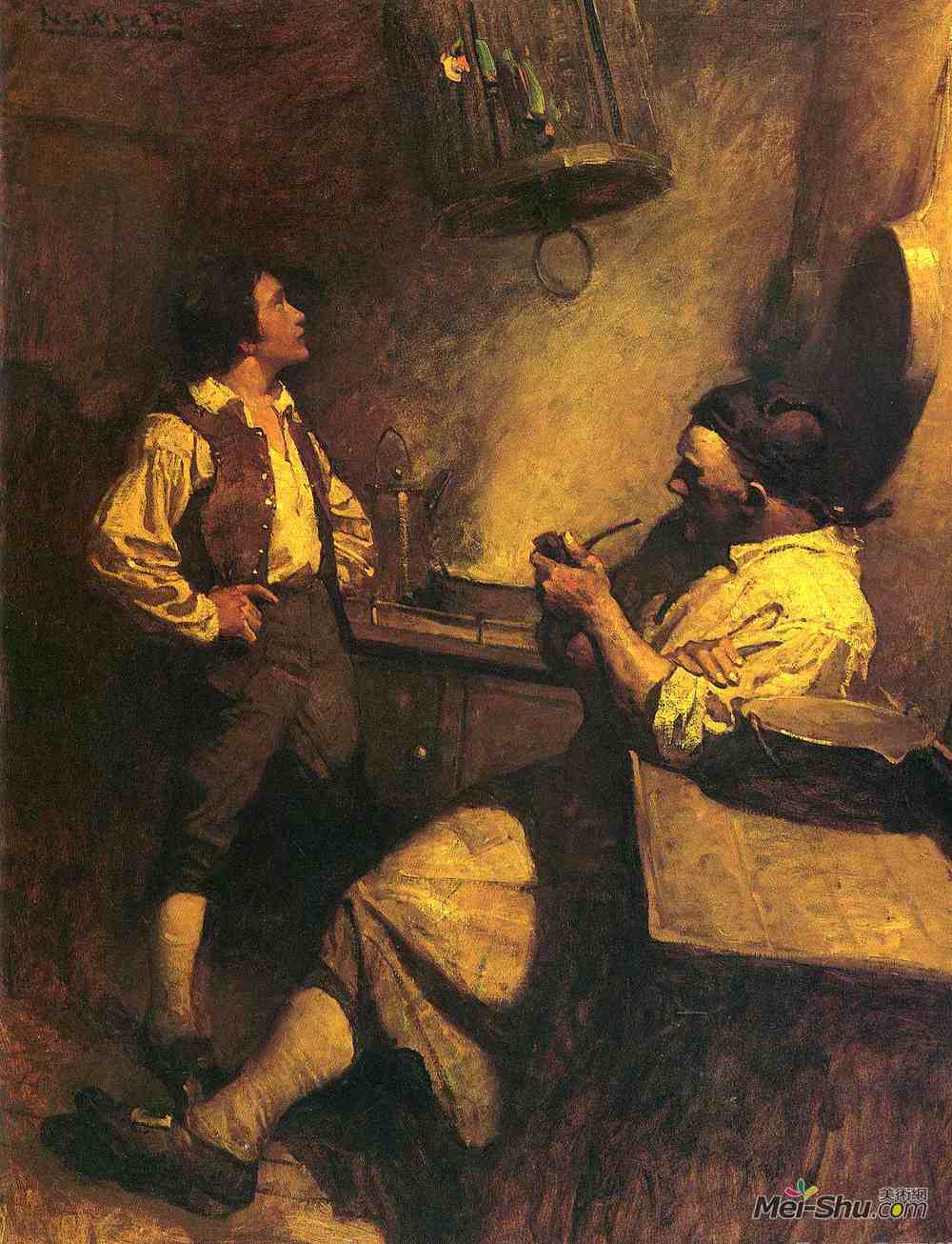 纽威·康瓦斯·魏斯(N.C. Wyeth)高清作品《Jim Hawkins, Long John Silver and his Parrot》