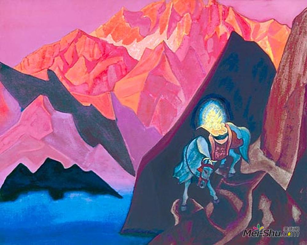 尼古拉斯·罗瑞奇(Nicholas Roerich)高清作品《A depiction of the Cintamani being carried by the Lung Ta (W》
